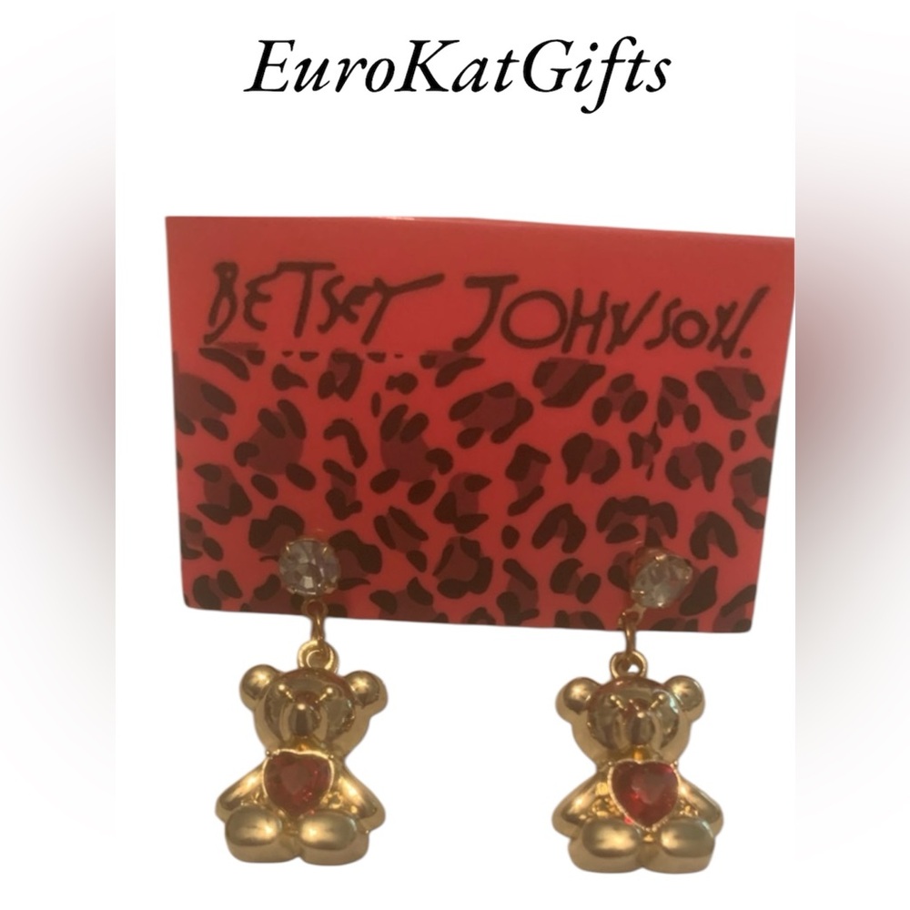 Betsey Johnson Gold Teddy Bear Earrings with Red simulated Ruby Heart NEW NWT